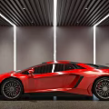 Modern Indoor Parking Garage with Red Sports Car and Stylish Ceiling Lighting Gray Walls