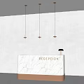Modern Reception Area With White Marble Desk And Minimalist Pendant Lights On Striped Wall