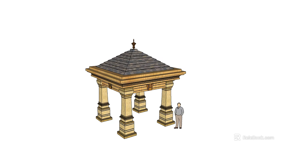 Traditional Pavilion With Tiled Roof Stone Columns And Person Standing Beside 3d model 