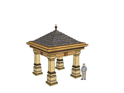 Traditional Pavilion With Tiled Roof Stone Columns And Person Standing Beside 3d model