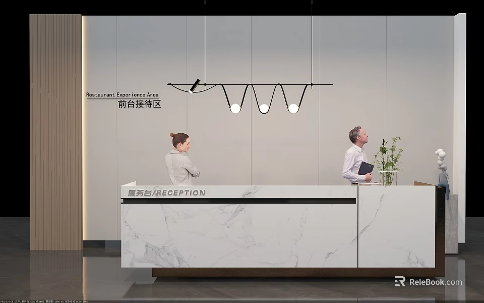 Modern Reception Area With Marble Reception Desk Receptionist And Visitor Under Pendant Lights 3d model 