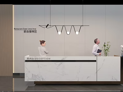 Modern Reception Area With Marble Reception Desk Receptionist And Visitor Under Pendant Lights 3d model