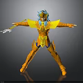 Golden Armored Character With Blue Hair Posing With Spear And Outstretched Arms
