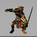 Tiger Headed Warrior Character With Striped Armor Wielding Axe And Sword 3d model