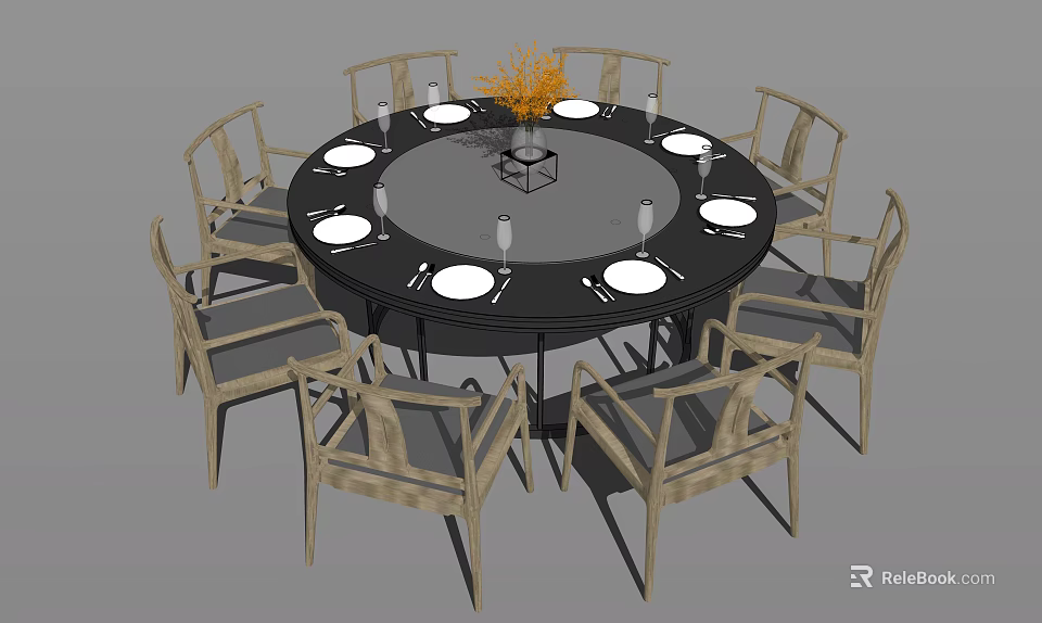 Round Black Dining Table Set With Wooden Chairs White Plates Glass Cups Central Flower Arrangement 3d model 