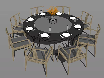 Round Black Dining Table Set With Wooden Chairs White Plates Glass Cups Central Flower Arrangement 3d model