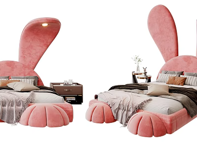 Rabbit Shaped Pink Kids Bed With Soft Mattress And Decorative Pillows 3d model