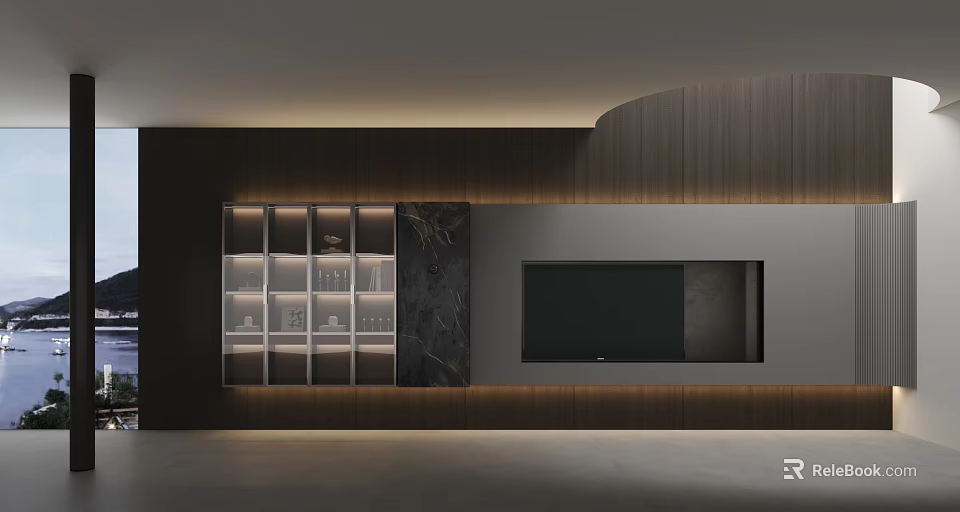 Modern TV Stand With Wooden Panels Open Shelves Marble Accents And Built-in TV 3d model 