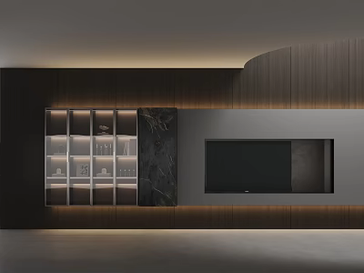 Modern TV Stand With Wooden Panels Open Shelves Marble Accents And Built-in TV 3d model