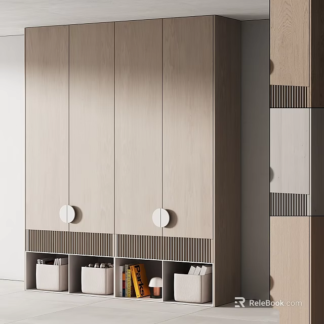 Modern Light Wood Wardrobe With Circular Knobs And Striped Base Storage Compartments 3d model