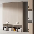 Modern Light Wood Wardrobe With Circular Knobs And Striped Base Storage Compartments 3d model
