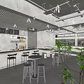 Modern Café Interior With Bar Counter High Stools Tables And Large Windows Green Plant