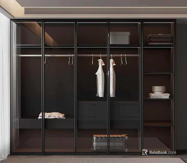 Modern Wardrobe With Glass Doors Hanging Rods Drawers And Storage Shelves 3d model 
