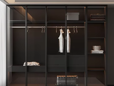 Modern Wardrobe With Glass Doors Hanging Rods Drawers And Storage Shelves 3d model