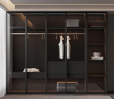 Modern Wardrobe With Glass Doors Hanging Rods Drawers And Storage Shelves 3d model