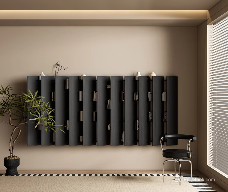 Modern Black Wall Mounted Bookshelf With Potted Plant Black Chair And Black White Striped Floor 3d model 