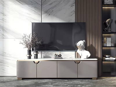 Modern TV Stand with Flat Screen TV Marble Wall Decorative Items and Side Shelf 3d model
