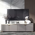Modern TV Stand with Flat Screen TV Marble Wall Decorative Items and Side Shelf