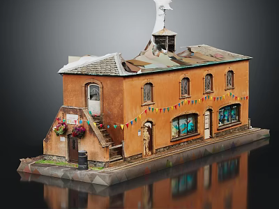 Two Story Brown Building With Roof Tower Front Steps Colorful Bunting And Flower Baskets 3d model