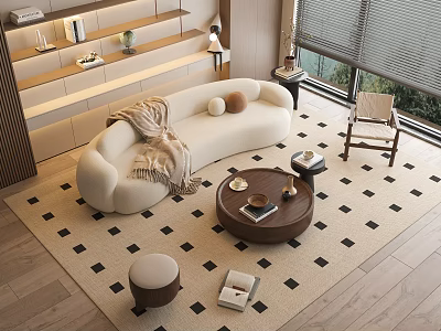 Curved White Sofa Coffee Table Set With Wooden Round Table Throw Blanket And Checkered Rug 3d model