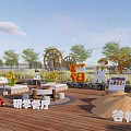 Scenic Park Landscape With Wooden Deck Study Restaurant Grain Corridor Windmill Trees And Ladybug Decorations