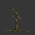 Tree branches decorated with yellow lantern-like objects green grass under stones and glowing small lights