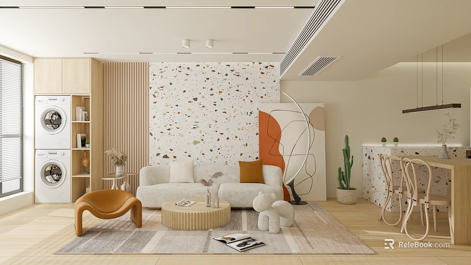 Modern Living Dining Room Interior With White Sofa Round Coffee Table And Orange Chair 3d model 
