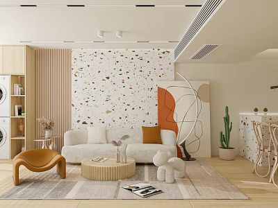 Modern Living Dining Room Interior With White Sofa Round Coffee Table And Orange Chair 3d model