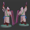 Ancient Warrior Figure In Traditional Clothing With Red Feather Hat Sword Shield Two Angles