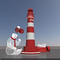 Coca-Cola Themed Polar Bear Holding Balloons Next to Red White Striped Lighthouse
