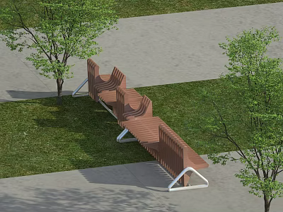 Outdoor Wooden Bench With Metal Frame In Park With Green Grass And Trees 3d model