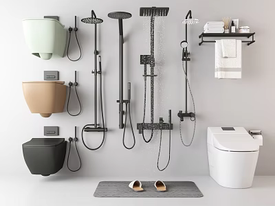 Stylish Bathroom Fixture Set With Wall Hung Toilets Shower Systems Towel Rack Slippers And Mat 3d model