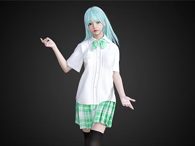 Light Green Haired Woman In White Shirt Green Bow Tie Green Plaid Skirt Black Stockings 3d model