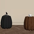 Modern Pumpkin Shaped Stools in Black and Brown with Decor and Cup 3d model