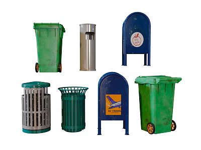 Public Facilities Including Green Silver Trash Bins with Wheels and Blue Mailbox 3d model