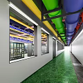 Modern Elevator Corridor With Colorful Pipes White Walls And Green Turf Floor