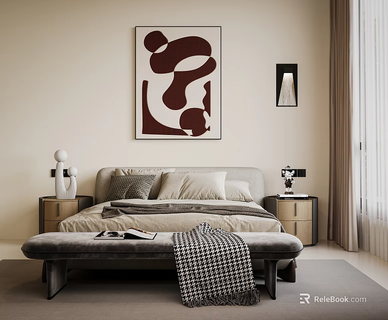 Gray Double Bed Bedroom Interior With Abstract Painting Bedside Tables Lamps Bench And Checkered Blanket 3d model 