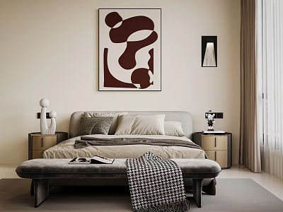 Gray Double Bed Bedroom Interior With Abstract Painting Bedside Tables Lamps Bench And Checkered Blanket 3d model