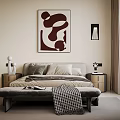 Gray Double Bed Bedroom Interior With Abstract Painting Bedside Tables Lamps Bench And Checkered Blanket