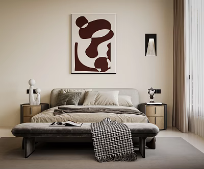 Gray Double Bed Bedroom Interior With Abstract Painting Bedside Tables Lamps Bench And Checkered Blanket 3d model