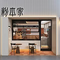 Modern Minimalist Restaurant Exterior White Striped Walls Open Kitchen Front Tables Chairs Warm Lighting