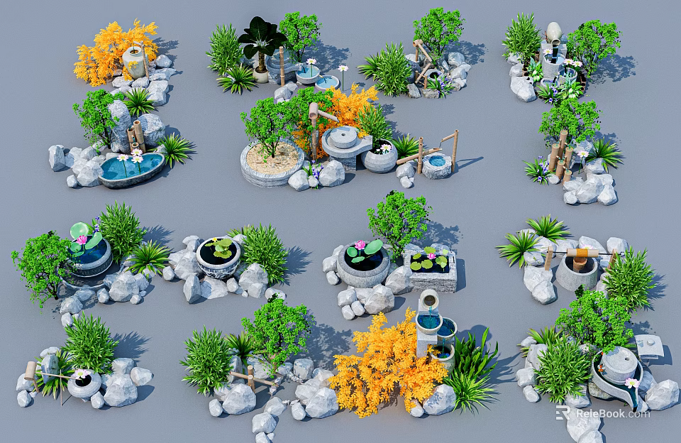 Small Garden Landscaping With Rocks Plants Ponds And Decorative Fountains 3d model 