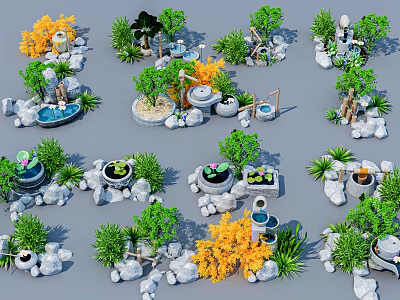 Small Garden Landscaping With Rocks Plants Ponds And Decorative Fountains 3d model