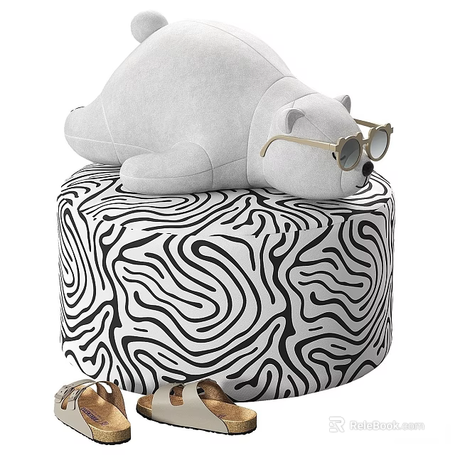 Stylish Shoe Bench With Black White Zebra Pattern Gray Polar Bear Plush And Gold Glasses 3d model 