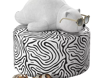 Stylish Shoe Bench With Black White Zebra Pattern Gray Polar Bear Plush And Gold Glasses 3d model