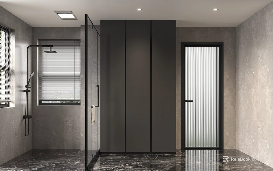 Sleek Modern Dark Tone Bathroom With Glass Shower Partition And Elegant Marble Interior Design 3d model 
