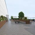 Stylish Roof Terrace With Wooden Deck Tables Chairs Umbrellas Green Plants And Ping Pong Table