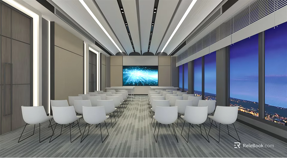 Modern Conference Room Interior With White Chairs Large Screen Windows And Ceiling Lighting 3d model