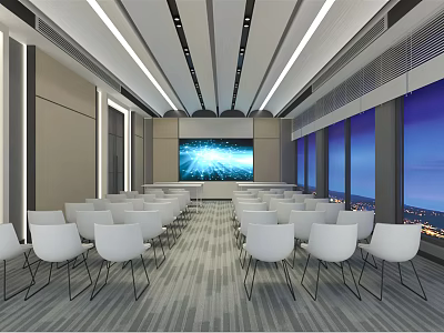 Modern Conference Room Interior With White Chairs Large Screen Windows And Ceiling Lighting 3d model