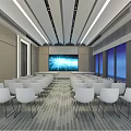 Modern Conference Room Interior With White Chairs Large Screen Windows And Ceiling Lighting 3d model